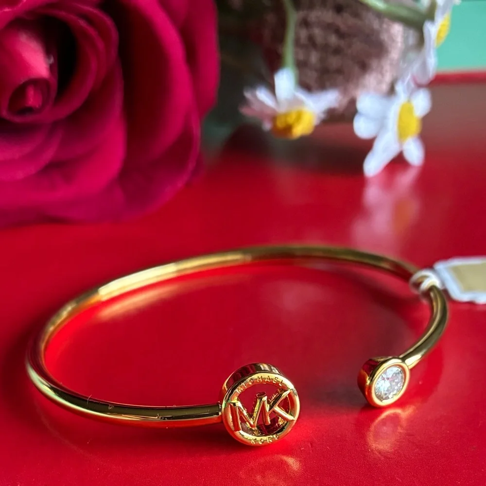 Michael Kors Gold-Tone Open Bangle Bracelet with MK Medallion - Picture 3 of 6
